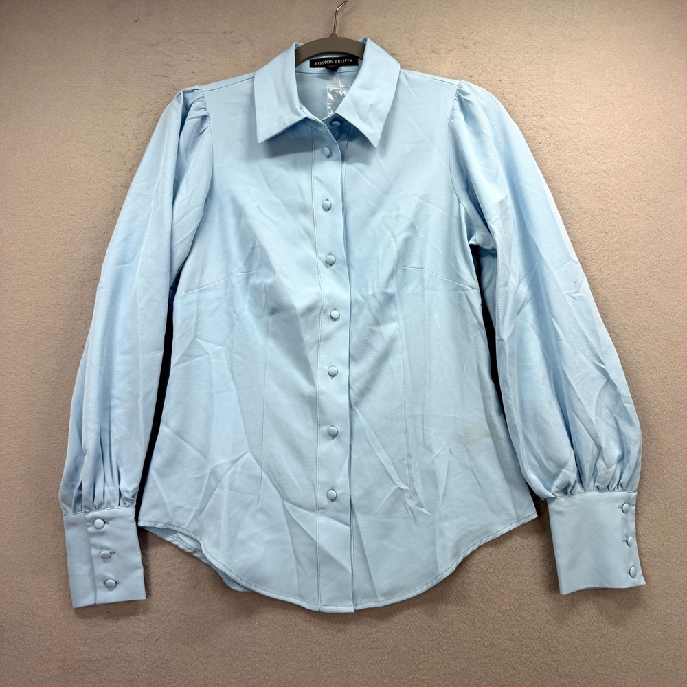 Boston Proper Shirt Womens XS Blue Victoria Chic Drama Sleeve Collared Button Up